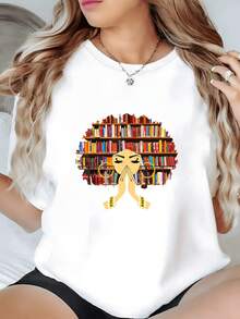 1 unidad de Camisa de T 100% algodón para Mujer con diseño de mujer afroamericana leyendo librería en el pelo estilo elegante y casual. Camisa de T con Estampado Digital 220 Gramos corte holgado - Blanco - Ver 1