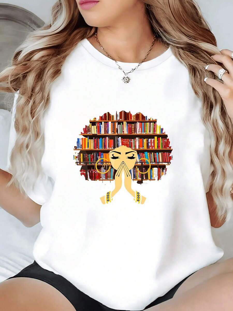 1 unidad de Camisa de T 100% algodón para Mujer con diseño de mujer afroamericana leyendo librería en el pelo estilo elegante y casual. Camisa de T con Estampado Digital 220 Gramos corte holgado - Blanco - Ver 1
