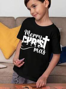 Kids' Christian Christmas T-Shirt With Merry Christ Mas Lettering & Jesus Cross Design - Soft Cotton Short Sleeve Round Neck Casual Church Outfit, Comfortable Holiday Apparel For & Girls, Easter & Christmas Celebration, Geometric Pattern With Nativity Scene (Sheep, Donkey, Lamb) - Easy-Care Hand Washable, Spring/Summer/Fall Wear, Festive Family Matching Outfits Available - Black - View 4
