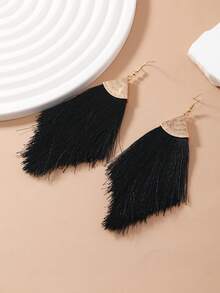 1 Pair Bohemian Style Vacation Versatile Khaki, Green, White, Orange Long Tassel Handmade Triangle Minimalist Fashion Oversized Alloy Earrings For Women, Suitable For Daily Wear - Black - View 4