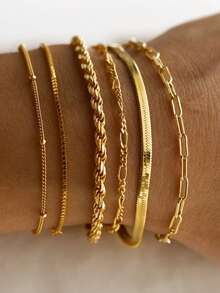6pcs Gold Bracelets For Women Waterproof,  Gold Jewelry Sets Fashion Thin Dainty Stackable Cuban Link Paperclip Chain Bracelet Pack Fashion Accessories Gifts For Womens - 金色 - 查看 12