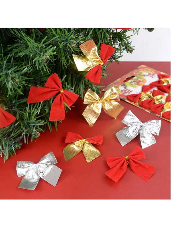 6pcs/12pcs Christmas Bow Hanging Pendant & Bow With Bell And Simulated Plants, Christmas Trees Festive Wedding Home Decor Props, DIY Xmas Tree Ornament - Hangable, Xmas Celebration Decorations, Winter Party, New Year, Holiday, Window, Scene Decor ﻿