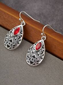 1 par de nuevos pendientes vintage con circonita roja tallada en forma de gota de agua y pera, accesorio de regalo de joyería