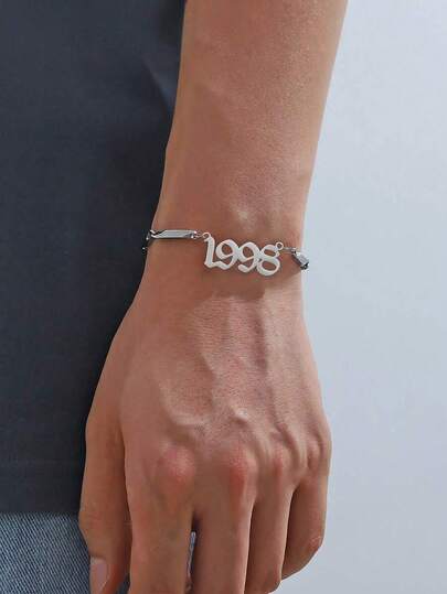 1 件现代简约风格钢色年份数字时间棒链手链男士日常生活