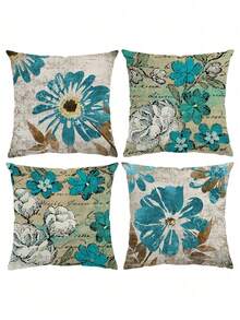 4 Stücke vintage Zeitungs- & Blumen Muster Kissenbezüge, Retro Landhausstil Pfirsich Samt Kissenbezüge mit verstecktem Reißverschluss einseitig Muster, geeignet für alle Jahreszeiten, ohne Kissenfüllung, passend für Outdoor Landhaus, Wohnzimmer, Schlafzimmer, Sofa, Terrasse Dekoration - Blaugrau - Übersicht 12
