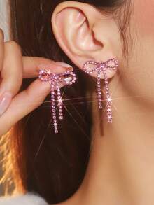 Retro Shining Tassel Club Bowknot Crystal Rhinestone Earrings Stud Wedding Party Graduation Jewelry 1 Pair - Silver - View 23