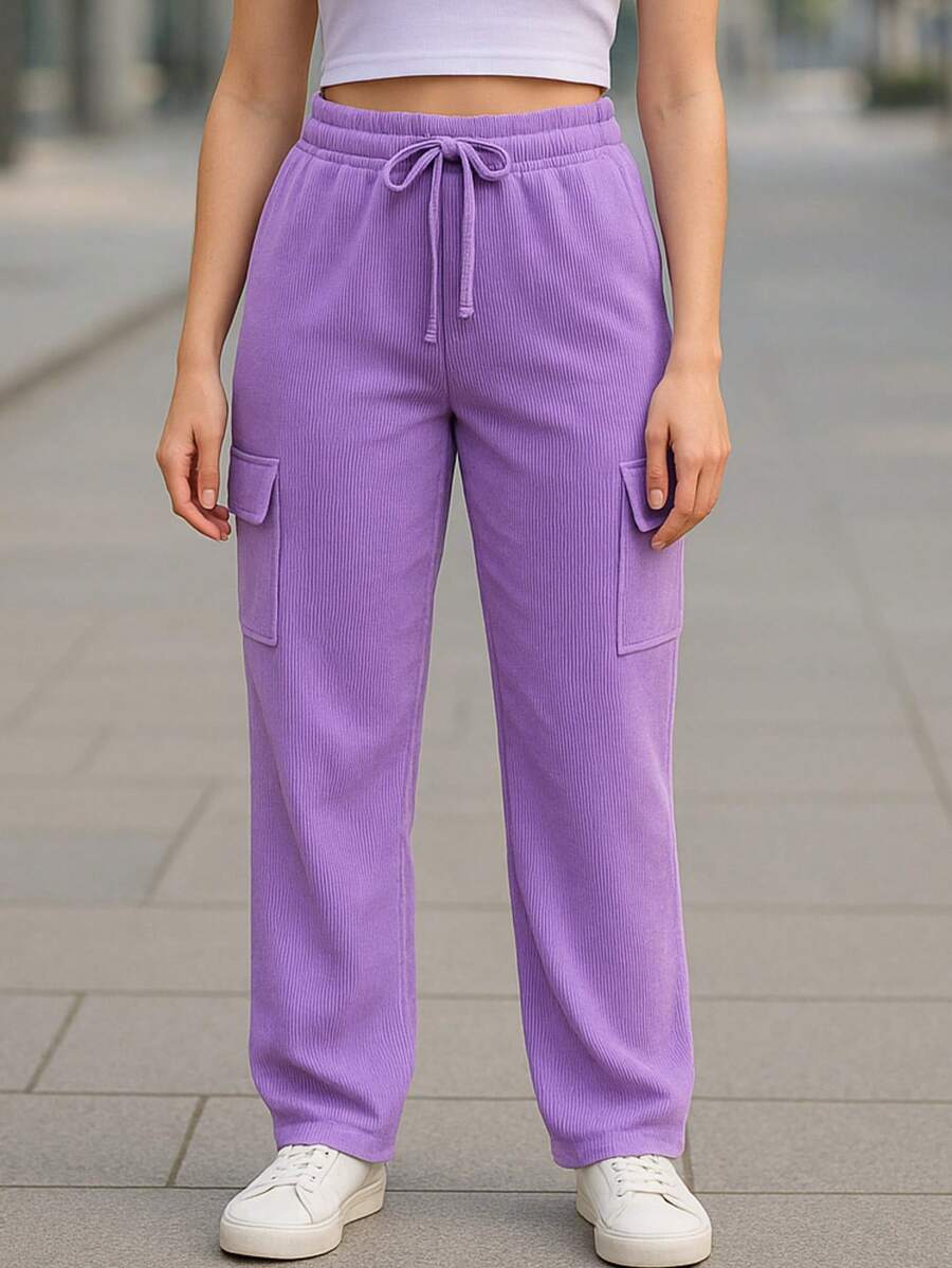 Pantalón Cargo Mujer de Pana con Cintura Elástica y Bolsillos Laterales - Lila Púrpura - Ver 1