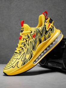 1 Pair Random Printed Fire Pattern Lace-Up Cushioned Sports Shoes For Outdoor, Spring/Autumn