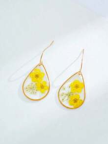 1pair Teardrop Shaped Dried Forget-Me-Not Flower Earrings With Glue Back, Suitable Women's Daily Wear Valentines - 檸檬黃 - 查看 3