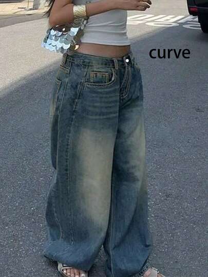 Plus Size Retro Casual Loose Straight Leg Denim Maxi Pants, Fashion & Versatile Spring Vacation