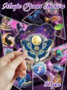 50pcs Purple Magic Planet Stickers PET Material Cartoon Fantasy Designs Perfect For Decorating Scrapbooks, Water Bottles, Skateboards, Guitars Party Art & Craft Decorative Stickers