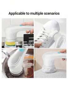 Multifunctional Electric Rotating Washer, Five Interchangeable Brush Heads, Rechargeable Electric Cleaning Brush Set - Multifunctional Handheld Brush, USB Charging, Medium Hardness, Suitable For Bathrooms, Kitchens, Bedrooms, Living Rooms, Toilets - Household Cleaning Tool Set With Handle - Xanh và trắng - Xem 8