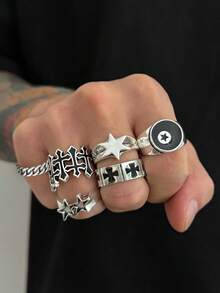 6pcs Fashionable Punk Star Cross Rings, Charming Jewelry For Men, Holiday Gift