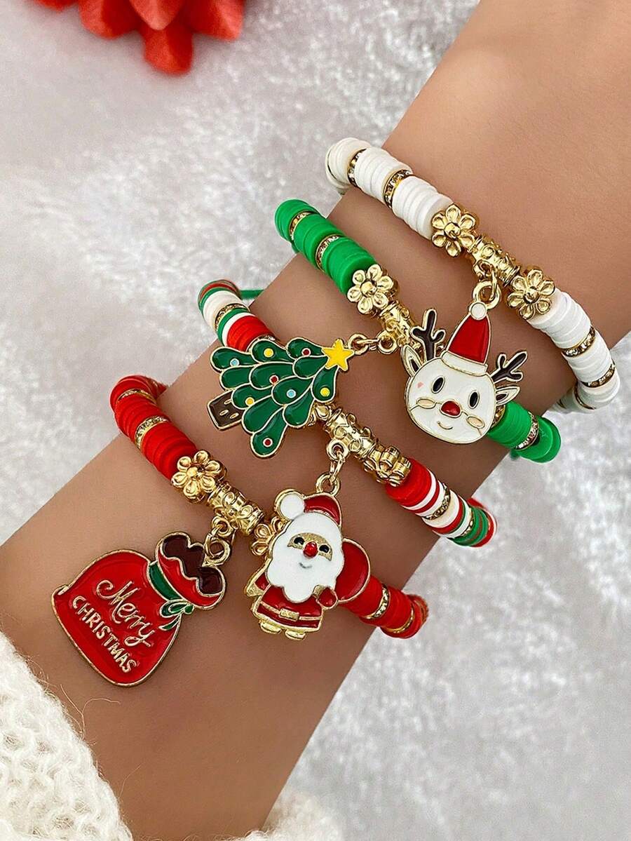 4pcs/1pc Christmas-Themed Bracelet Set, Handmade Santa Claus Pendant, Suitable For Christmas Holiday Gifts, Party Dress-Up Accessories.