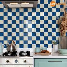 SUPSTICKER 12片11.81英寸X11.81英寸复古棋盘格图案2D墙贴，PVC自粘瓷砖墙贴，防水、防油、易清洁，适用于厨房、浴室、民宿、工作室、公寓墙面装饰和家居装修。