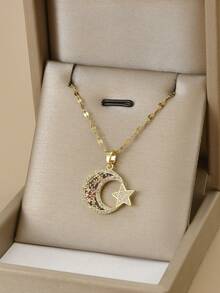1pc Luxury Fully Rhinestone Embellished Star & Moon Sparkling Stainless Steel Necklace For Women - Yellow Gold - View 4
