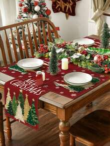 2 piezas Juego de manteles individuales con diseños de árboles de Navidad, copos de nieve y motivos invernales, de 12x18 pulgadas, manteles navideños rojos con árboles de Navidad, manteles de lino rosa y dorado con diseños festivos de Navidad y Año Nuevo para decorar la mesa del hogar, restaurante o cocina en celebraciones familiares y fiestas