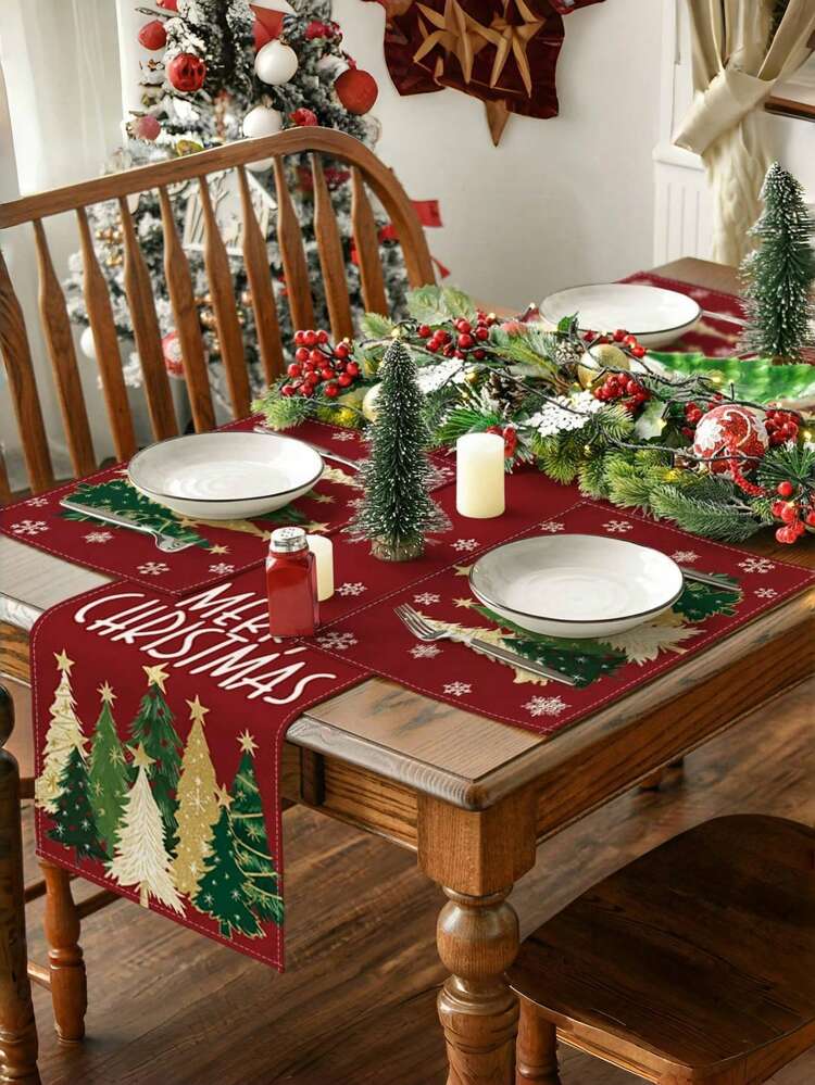2 件圣诞树雪花冬季餐垫套装，12x18 英寸季节性红色圣诞桌垫，圣诞树亚麻餐垫粉红金色节日冬季假期圣诞节餐厅厨房餐厅餐桌装饰适合家庭庆祝派对装饰圣诞装饰适合家庭 2025 年礼物新年 2026 年桌垫装饰派对厨房餐厅装饰 - 彩色 - 查看 4
