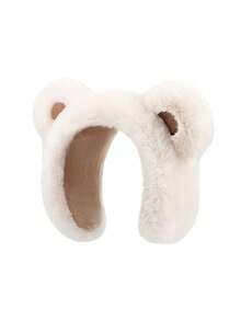 女士保暖耳罩，可爱卡通熊耳设计，毛绒耳套，防寒 - 白色撞色 - 查看 6