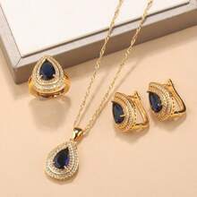 18K Gold Plated Elegant Minimalist Water Drop Jewelry Set, Includes Earrings, Necklace Pendant, Adjustable Ring, Synthetic Cubic Zirconia, Bridal Wedding Fashion Accessories, Suitable For Daily Wear, Christmas, Halloween, Thanksgiving, Valentine's Day, Anniversary