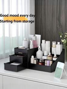 1pc Large Capacity Makeup Organizer With Drawers - Ideal For Vanity, Bathroom Countertop & Desk - Elegant Storage For Brushes, Eyeshadow, Lotions, Lipsticks & Nail Polish