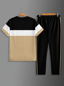 2 件套男士透气舒适运动服，优质面料超柔软渐变休闲圆领短袖上衣和慢跑裤套装，流行服装 - 卡其色 - 查看 3