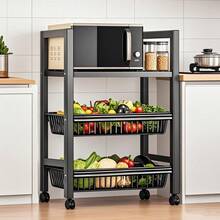 WOWDVOV 1 Multifunctional Kitchen Storage Rack, Adjustable 4-Storey And 3-Line Basket Storage Baskets, Adjustable Mobile Microwave Rack, Metal Rack With Wheels, Ideal For Kitchen Accessories, Pantry, Garage Kitchen Shelves - màu đen - Xem 3