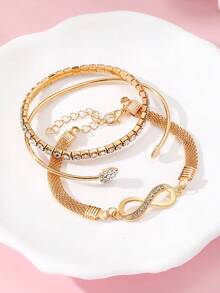 3pcs Luxury Minimalist Personalized Metal Rhinestone 8-Shaped & Heart Stacking Bangle Bracelet Set For Women - Yellow Gold - View 4
