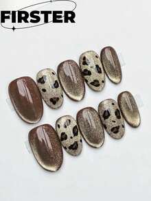 10片棕色椭圆形手工按压式美甲贴片，短款美甲，美甲用品，豹纹美甲，金色宽猫眼美甲，棕色美甲，假指甲，秋季和万圣节美甲，适合女性和女孩度假或日常佩戴，手工按压式美甲贴片 - 彩色 - 查看 15