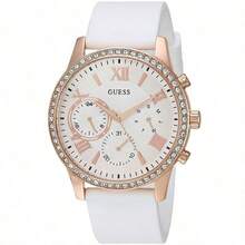 Guess Reloj de cuarzo con función solar, multifunción, cristales, esfera rosa, correa de goma, para mujer W1135L2 con calendario de mes y semana, accesorio de mujer adecuado para uso diario, fiesta, ropa, decoración, regalo de estilo para mujer