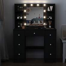 Black Vanity Set Makeup Desk Dressing Table With 7 Drawer 11 LED Lighted Mirror - Black - View 2