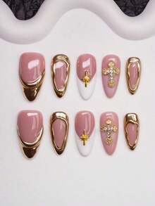 Spring/Summer Handmade Almond-Shaped Nail Tips With Y2K Chic Style, In, White, Gold Colors Featuring,, Asymmetrical Metallic Design, Suitable Women & Girls To Wear At Parties, Weddings, Daily Life. 10Pcs/Set With 3 Sizes, Includes Nail Tools, Great Ladies Press On Nails Nail Supplies Nails - 彩色 - 查看 1