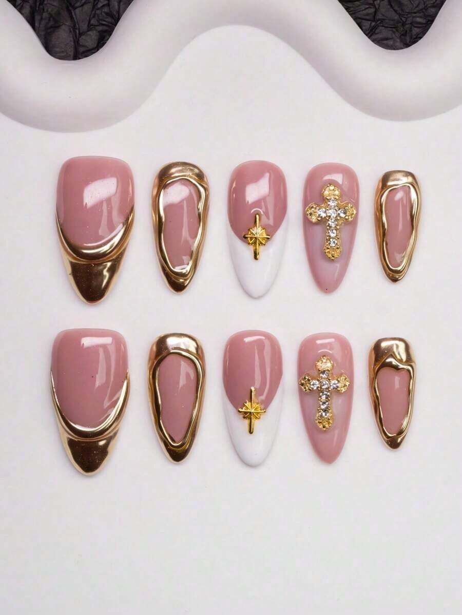 Spring/Summer Handmade Almond-Shaped Nail Tips With Y2K Chic Style, In, White, Gold Colors Featuring,, Asymmetrical Metallic Design, Suitable Women & Girls To Wear At Parties, Weddings, Daily Life. 10Pcs/Set With 3 Sizes, Includes Nail Tools, Great Ladies Press On Nails Nail Supplies Nails - 彩色 - 查看 1