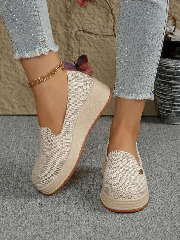 أحذية كاجوال مريحة للنساء ذوات الحجم الكبير - قماش قابل للتنفس بنسيج شبيه بالكتان، حذاء لوفر بمنصة مريحة للاستخدام في جميع المواسم