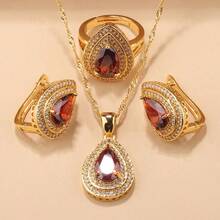 18K Gold Plated Elegant Minimalist Water Drop Jewelry Set, Includes Earrings, Necklace Pendant, Adjustable Ring, Synthetic Cubic Zirconia, Bridal Wedding Fashion Accessories, Suitable For Daily Wear, Christmas, Halloween, Thanksgiving, Valentine's Day, Anniversary