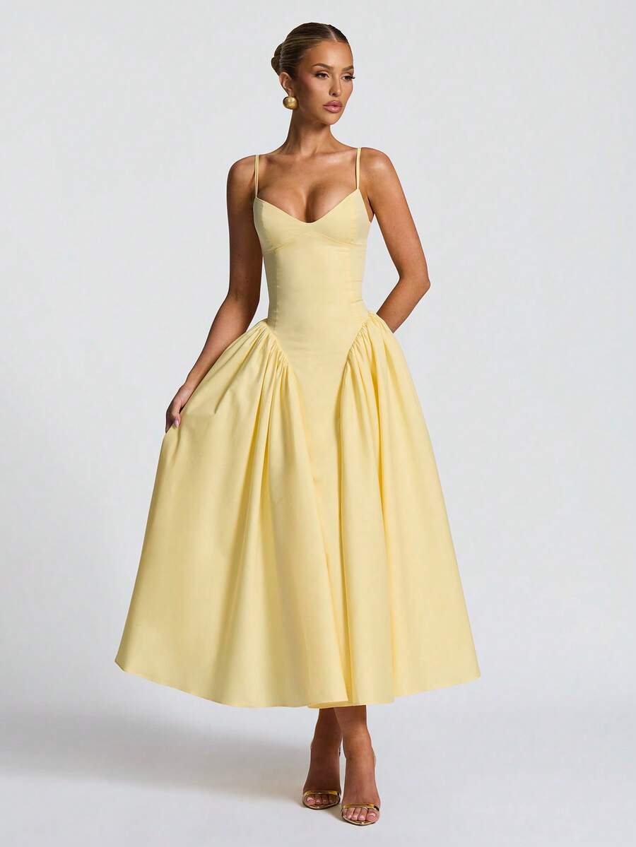 Đầm dự tiệc buộc dây kiểu retro thanh lịch, đầm cocktail hai dây, đầm dự tiệc và đầm trà cưới mùa xuân - Màu vàng - Xem 1