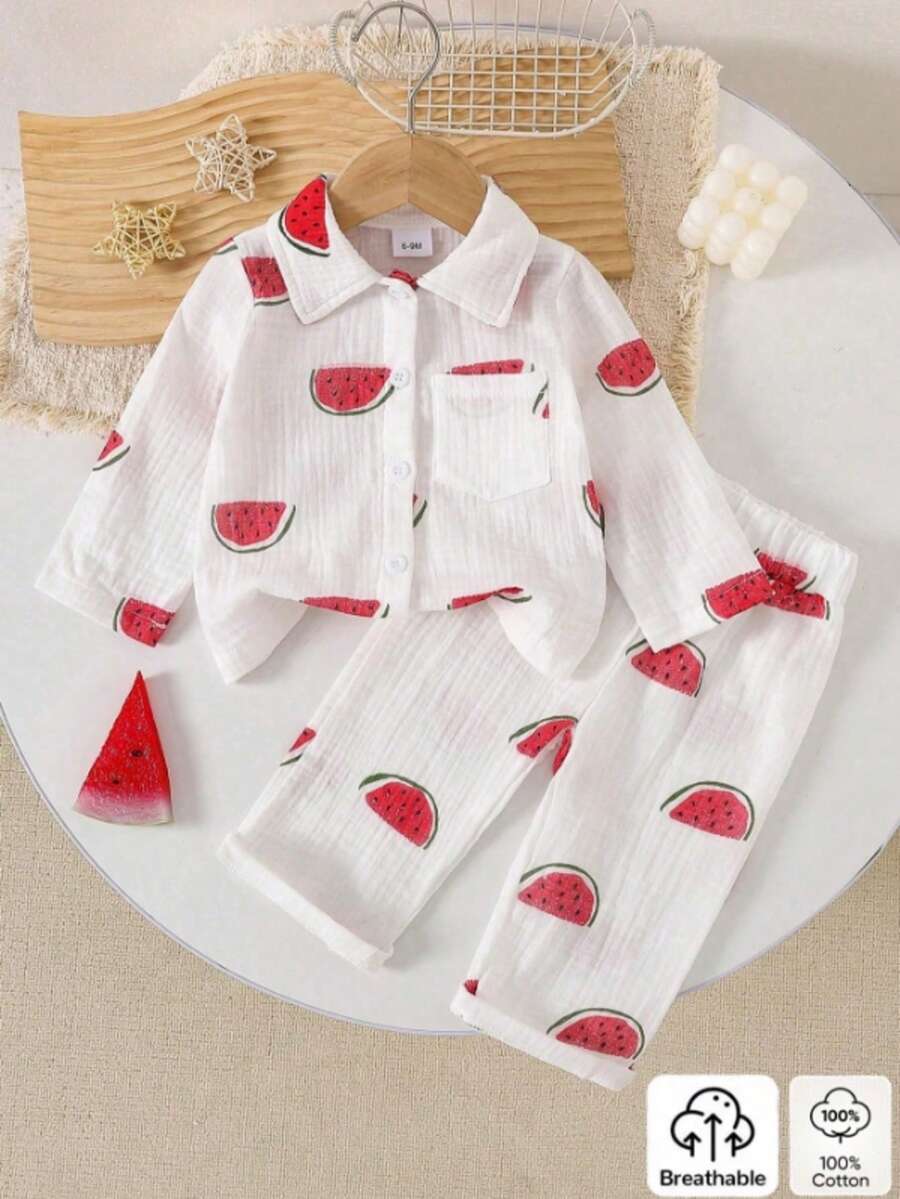 2pcs Baby Girls Comfortable Cute Watermelon Print Long Sleeve Shirt And Printed Pants Set - Multicolor - View 1