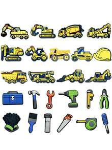 25 PCS Engineering Theme Series Shoe Charm Decorations, PVC Shoe Hangers - Colorful Shoe Accessories, Featuring Engineering Elements Such As Excavators, Wrenches, Safety Helmets, Etc., With An Industrial Style Decoration. Suitable For Shoes And Beach Bag Accessories As Party, Birthday Gifts.