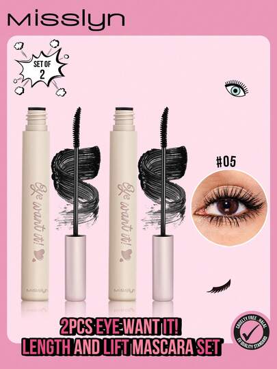  2pcs MISSLYN Mascara Set, Lengthening & Curling Mascara, Lengthening Curling Volumizing Smudge-Proof Mascara, Long-Lasting Lash Primer, Fine Brush Tip, Y2K Makeup Style, Suitable For Party, Beach, Travel, Vacation, Camping, Outdoor Activities, Fashionable Rose Color Makeup For New Year, Cruelty-Free, Vegan