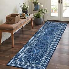Washable Area Rug 5x7 - Soft Faux-Wool Area Rug Living Room Bedroom, Boho Vintage Floral Medallion Non-Slip Low Pile, Pet Friendly, Blue White - 藍白 - 查看 1