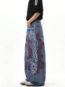1pc Justice Brother Korean Style Embroidered Casual Versatile Washed Loose Fit Brand Boyfriend Baggy Jeans Pants (This Product Does Not Include Belt Accessories) - Blue - View 2