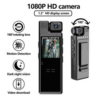 HD1080P Mini Body Camera 180° Rotatable Lens 6HR Battery Video Body Camcorder Motion Detection Night Auxiliary Lights Body Mounted Camera For Sports Cycling Security Law Enforcement