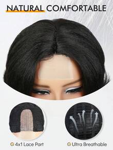 3 层 Yaki 卷曲直发假发帘状刘海分层短假发耐热合成齐肩假发女士 - 黑色 - 查看 6