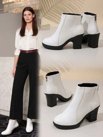 Fashion Patchwork Embossed Ankle Boots For Women, Chunky Heel Increase Height, Black, Versatile For Autumn/Winter