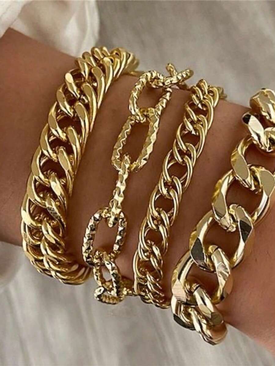 4pcs Minimalist Punk Style Chain Bracelet Set, Metal Chain Combination With Rope And Twisted Design Multi-Layer Bracelets, Women's Holiday/Date Gift, Daily Accessory - Yellow Gold - View 1