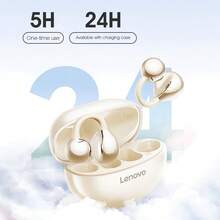 Lenovo TA410 2025 最新款蓝牙耳机，骨传导技术，超轻 2.8g 设计，适合跑步、健身、瑜伽等，IPX5 防汗，带充电盒 24 小时播放，蓝牙 5.4 游戏，HIFI 空间音效，蓝牙耳机，米色、黑色、紫色​​ - 米色 - 查看 9