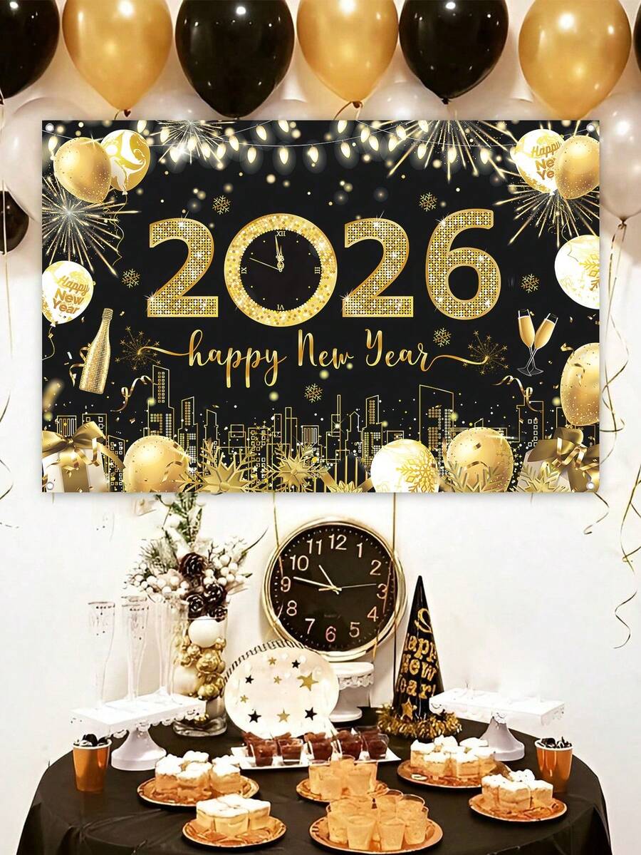 1件 2026新年背景布,黑金氣球圖案聚酯纖維背景布,2026新年慶祝派對背景裝飾,家居裝飾,房間裝飾,牆掛橫幅,庭院裝飾旗幟,新年掛飾,2026新年裝飾,新年禮物 - 黑金慶祝 - 查看 1