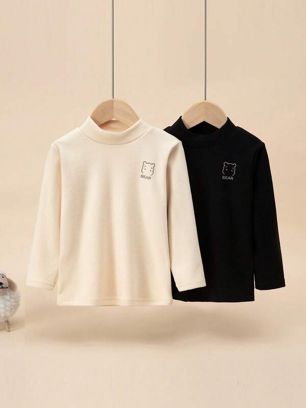 2pcs/Set Young Boys Pajamas Bear Print Long Sleeve Tops Turtleneck, Fall Outfits Underwear & Sleepwear Suit For Autumn/Winter