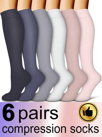 6 Pairs Women And Men Compression Socks, Unisex Knee High Tube Breathable Socks For Running Cycling Fitness Skipping Leggings Gifts