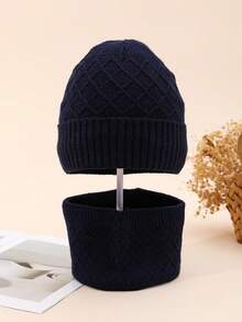 2pcs/Set Solid Color Knit Hat + Scarf, Autumn/Winter Outdoor Sports Fishing Essential, Diamond Pattern Knitted Hat & Scarf Set, Unisex Knitted Blend, Fashion Versatile Winter Beanie & Scarf